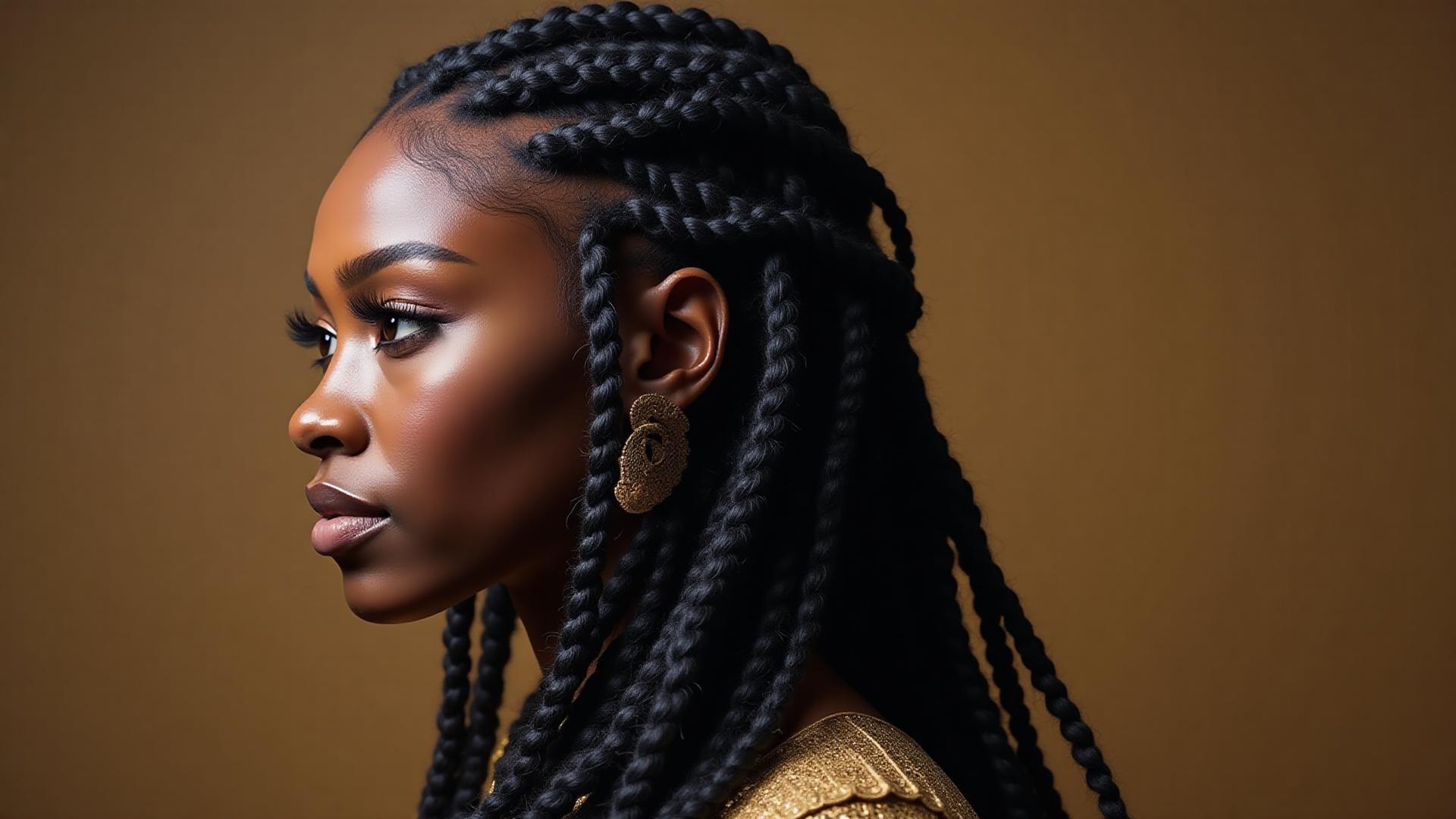 Magnificent goddess braids showing thick luxurious texture and regal styling by Maya in Fredericksburg salon