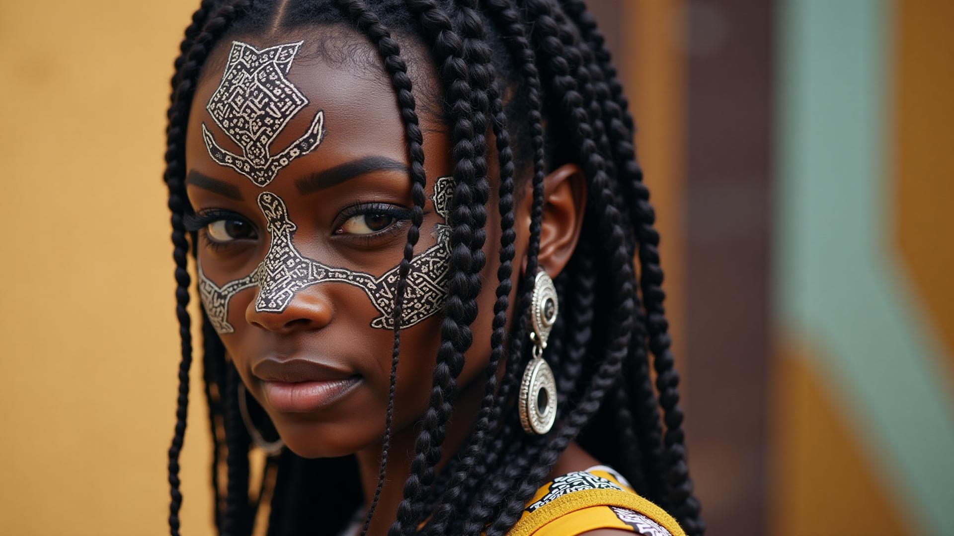 Intricate tribal braiding patterns showing cultural artistry and detailed craftsmanship by Maya in Fredericksburg